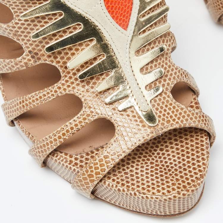 Pre Owned Hermes Beige Lizard Cut Out Platform Sandal Size 39