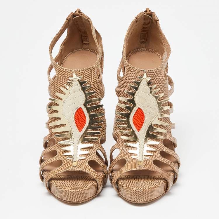 Pre Owned Hermes Beige Lizard Cut Out Platform Sandal Size 39