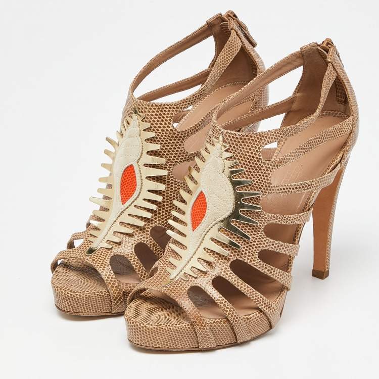 Pre Owned Hermes Beige Lizard Cut Out Platform Sandal Size 39