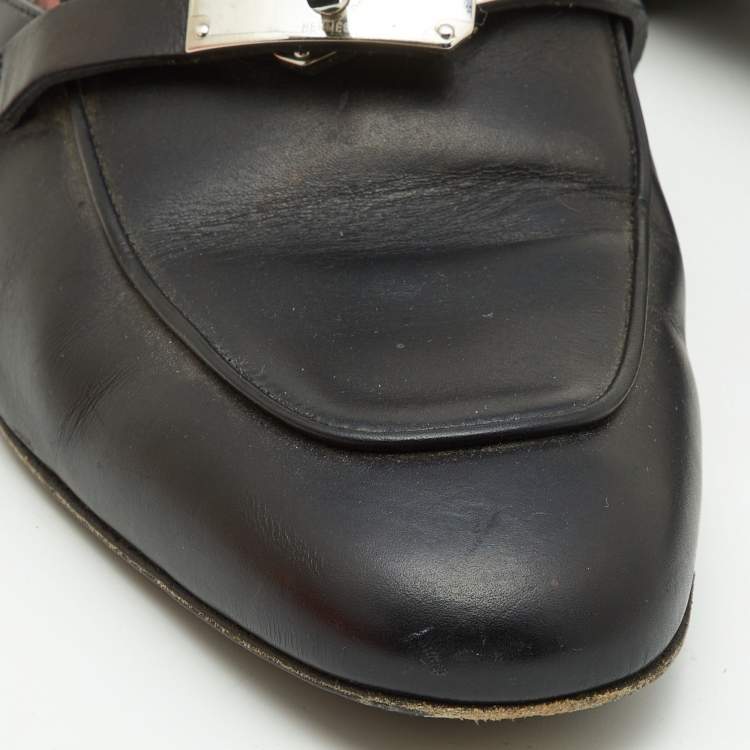 مملوكة مسبقًا Hermes Black Leather Oz Flat Mules Size 37