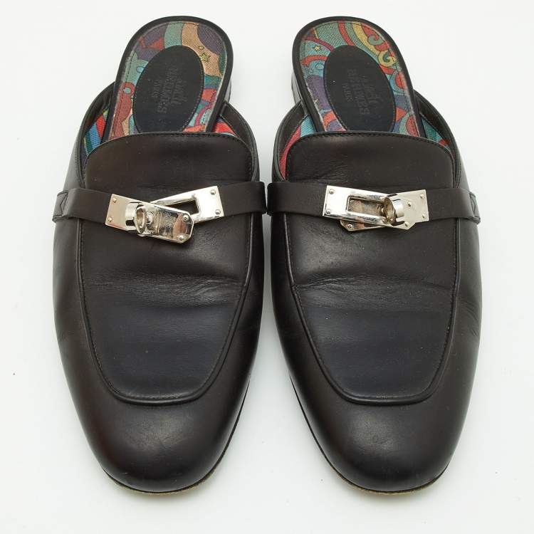 مملوكة مسبقًا Hermes Black Leather Oz Flat Mules Size 37