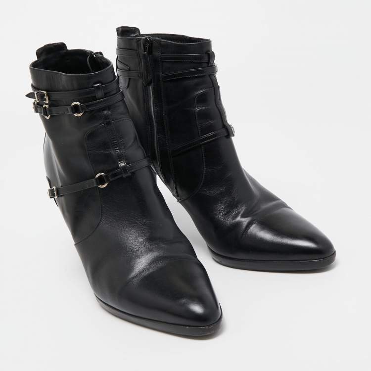 Pre Owned Hermes Black Leather Buckle Ankle Boots Size 40