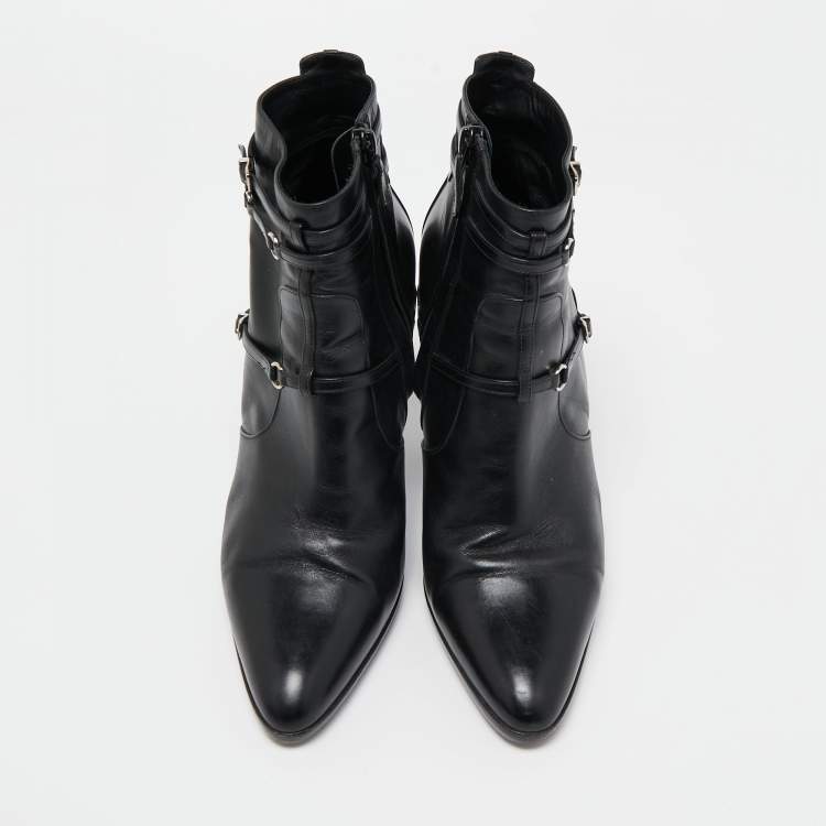 Pre Owned Hermes Black Leather Buckle Ankle Boots Size 40