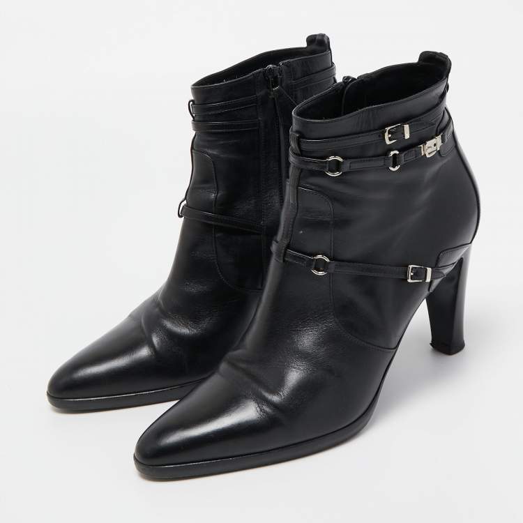 Pre Owned Hermes Black Leather Buckle Ankle Boots Size 40