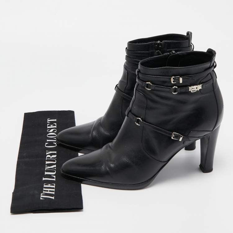 Pre Owned Hermes Black Leather Buckle Ankle Boots Size 40