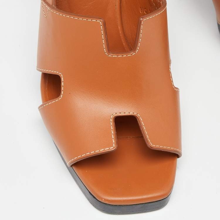Pre Owned Hermes Tan Leather Elbe Sandals Size 37