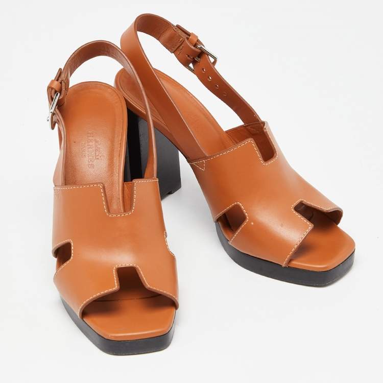 Pre Owned Hermes Tan Leather Elbe Sandals Size 37
