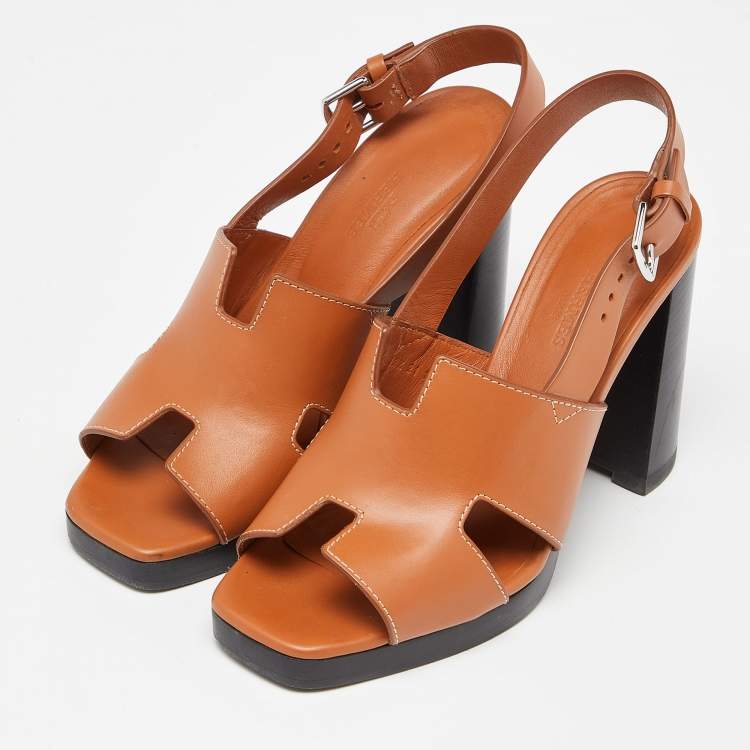 Pre Owned Hermes Tan Leather Elbe Sandals Size 37