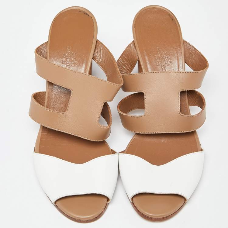 Pre Owned Hermes Brown/White Leather Slide Sandals Size 39