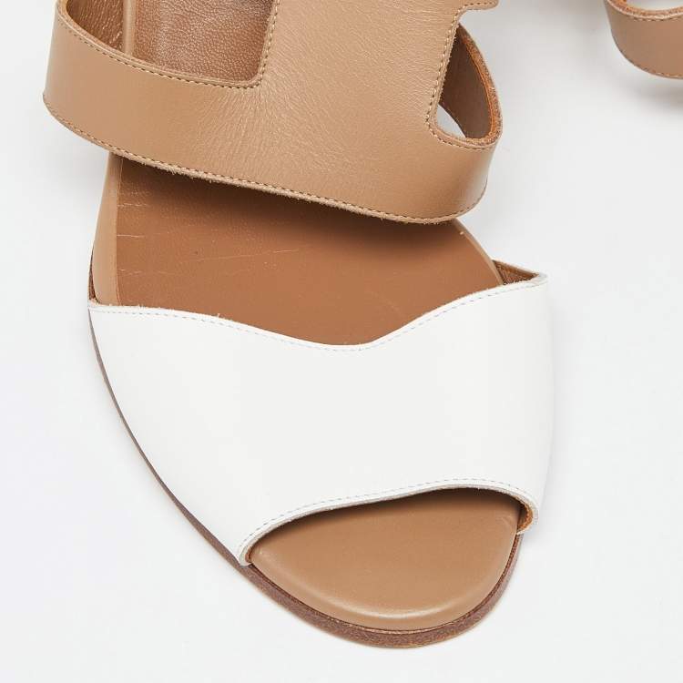 Pre Owned Hermes Brown/White Leather Slide Sandals Size 39