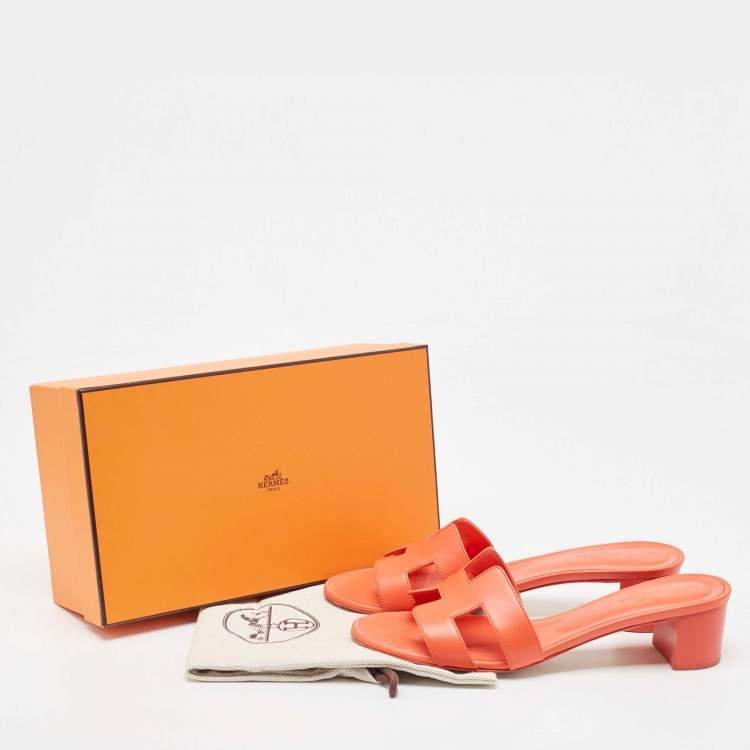 Pre Owned Hermes Orange Leather Oasis Slide Sandals Size 40.5