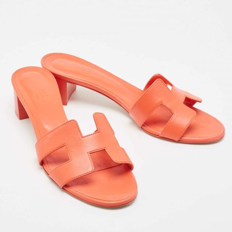 Pre Owned Hermes Orange Leather Oasis Slide Sandals Size 40.5