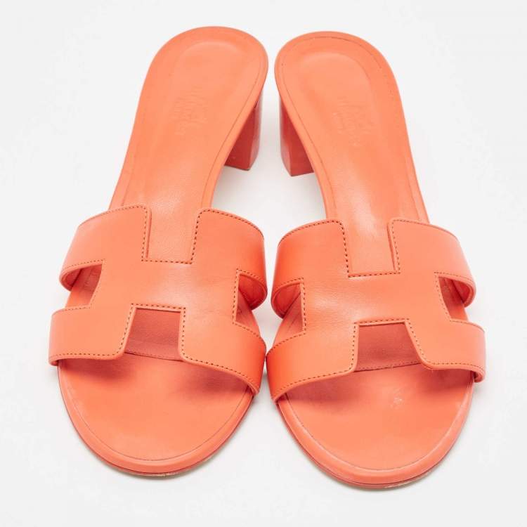 Pre Owned Hermes Orange Leather Oasis Slide Sandals Size 40.5