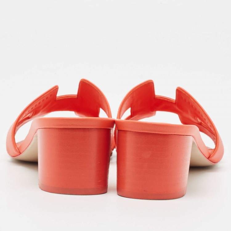 Pre Owned Hermes Orange Leather Oasis Slide Sandals Size 40.5