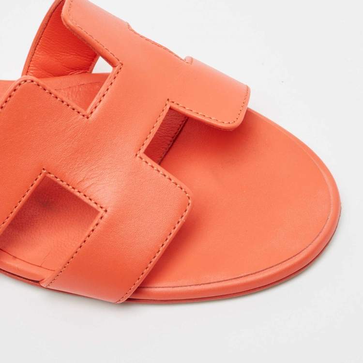 Pre Owned Hermes Orange Leather Oasis Slide Sandals Size 40.5