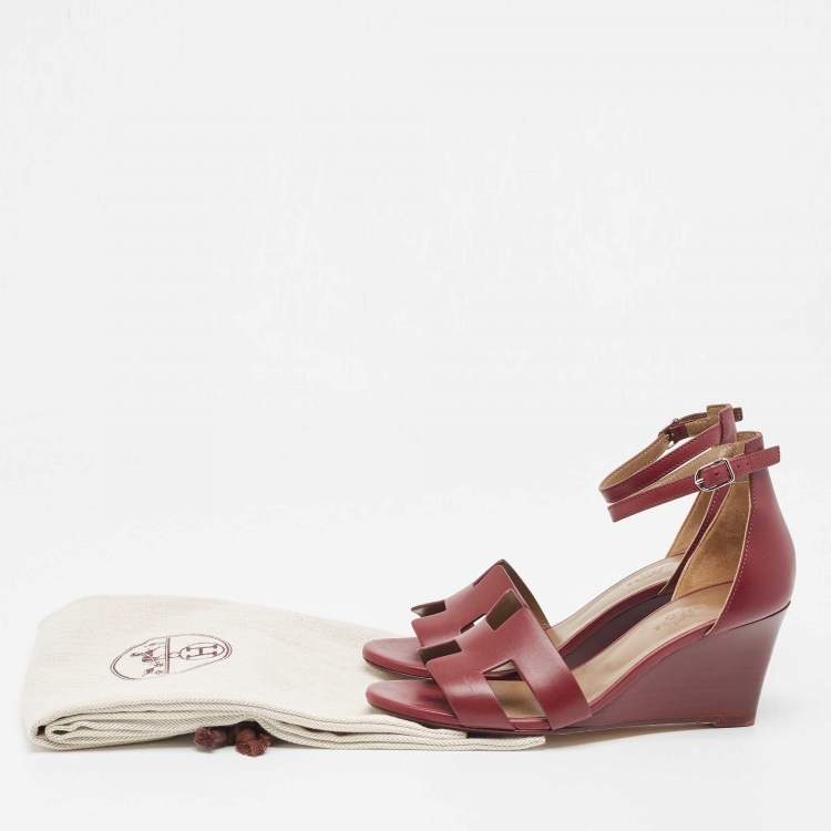 Pre Owned Hermes Burgundy Leather Legend Sandals Size 37.5