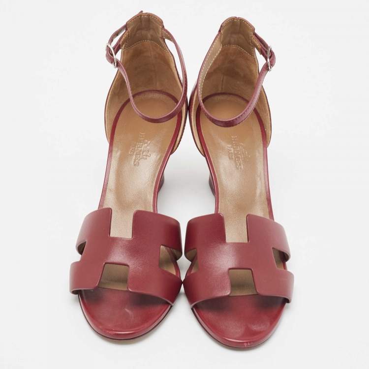 Pre Owned Hermes Burgundy Leather Legend Sandals Size 37.5