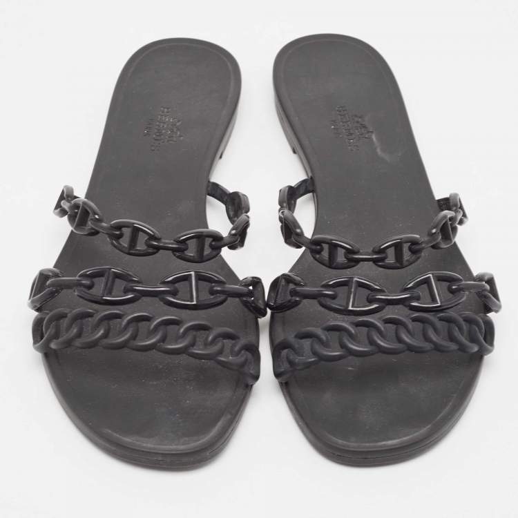 Pre Owned Hermes Black Jelly Chaine d'Ancre Rivage Slide Flats Size 38