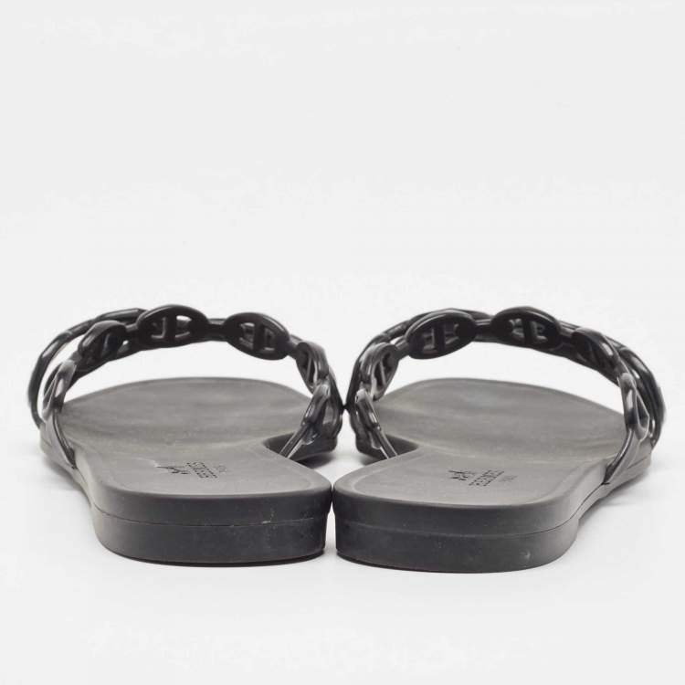 Pre Owned Hermes Black Jelly Chaine d'Ancre Rivage Slide Flats Size 38