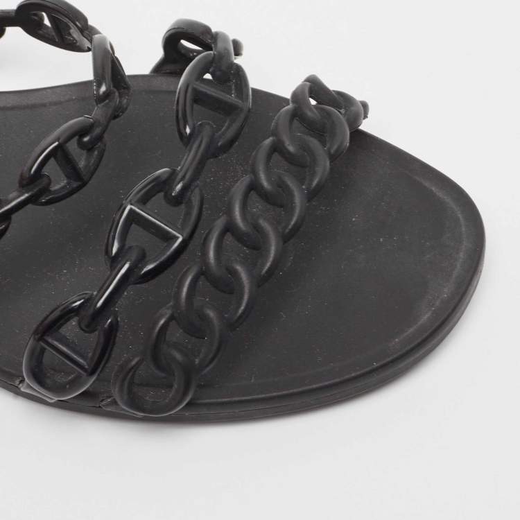 Pre Owned Hermes Black Jelly Chaine d'Ancre Rivage Slide Flats Size 38