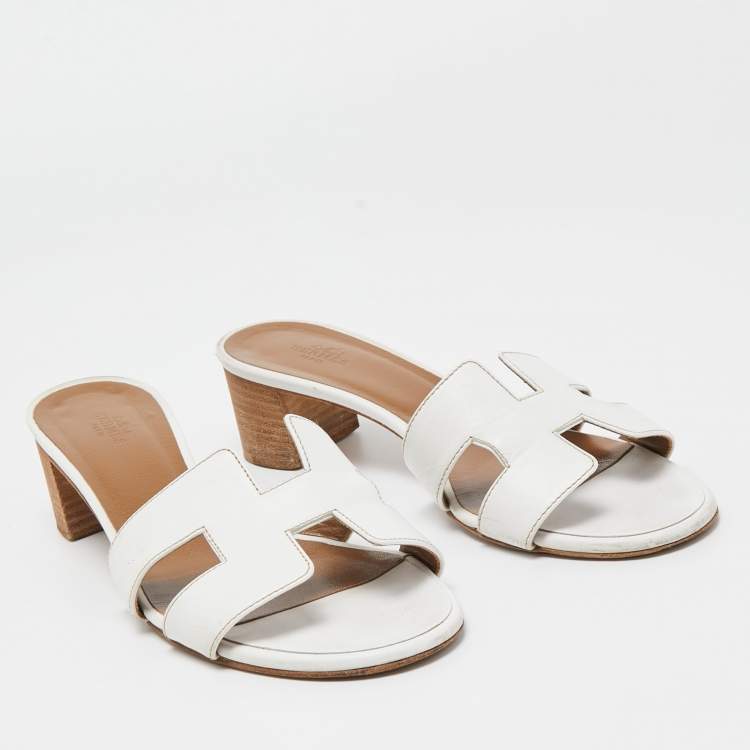 Pre Owned Hermes White Leather Oasis Slide Sandals Size 37.5