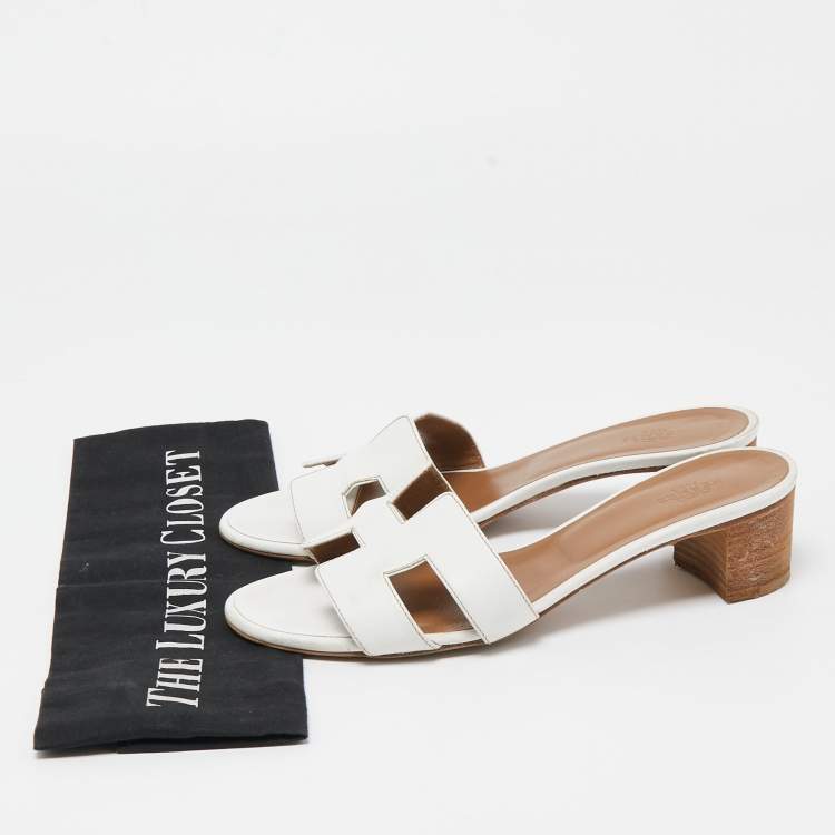 Pre Owned Hermes White Leather Oasis Slide Sandals Size 37.5