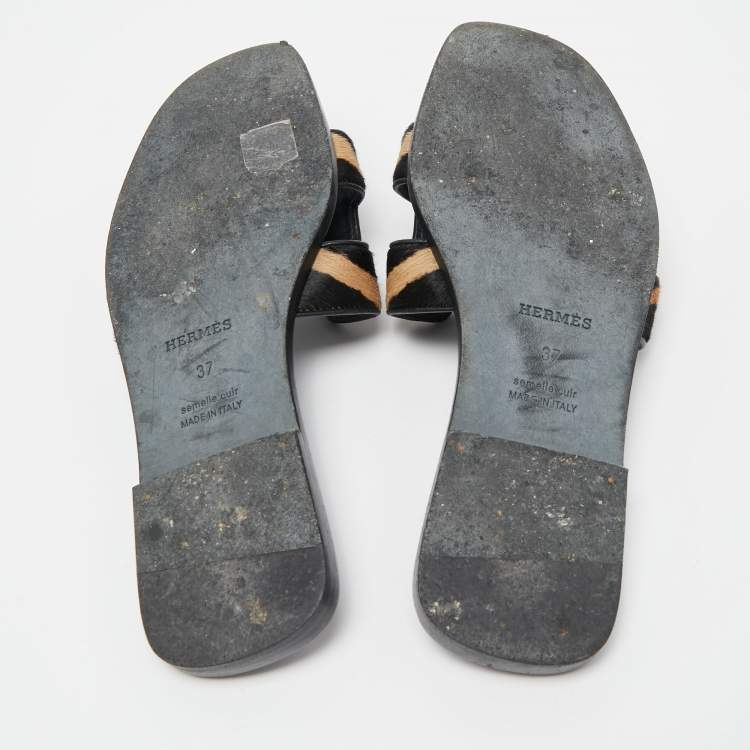 Pre Owned Hermes Two Tone Calf Hair Oran Flat Slides Size 37