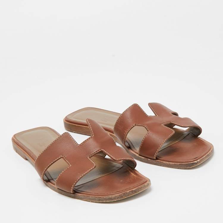 Pre Owned Hermes Brown Leather Oran Flat Slides Size 38 
