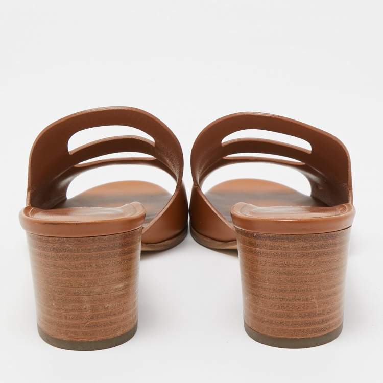 Pre Owned Hermes Brown Leather Mona Slide Sandals Size 40.5