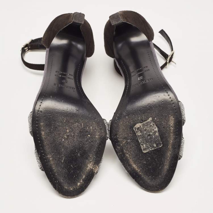 مملوكة مسبقًا Hermes Black/Silver Suede and Glitter Premiere 70 Ankle Strap Sandals Size 37