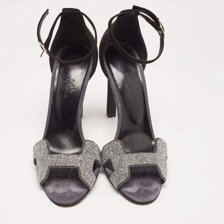 مملوكة مسبقًا Hermes Black/Silver Suede and Glitter Premiere 70 Ankle Strap Sandals Size 37