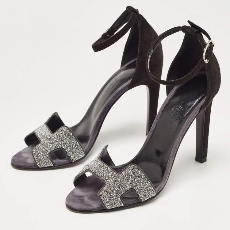 مملوكة مسبقًا Hermes Black/Silver Suede and Glitter Premiere 70 Ankle Strap Sandals Size 37