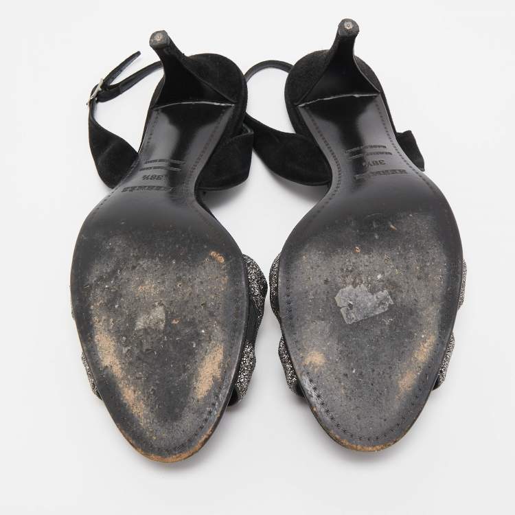 Pre Owned Hermes Black/Silver Glitter and Suede Night Sandals Size 38.5