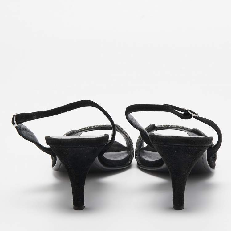 Pre Owned Hermes Black/Silver Glitter and Suede Night Sandals Size 38.5