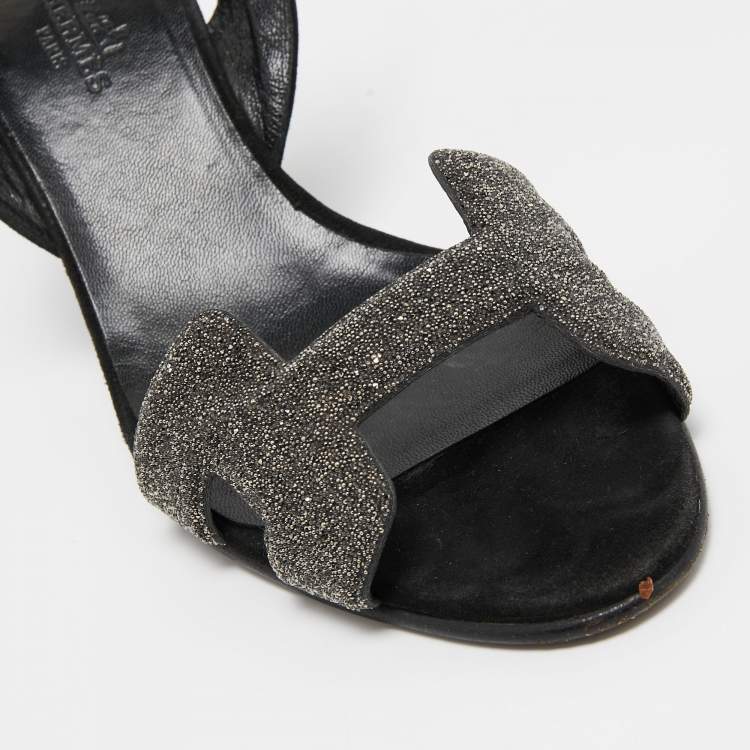 Pre Owned Hermes Black/Silver Glitter and Suede Night Sandals Size 38.5