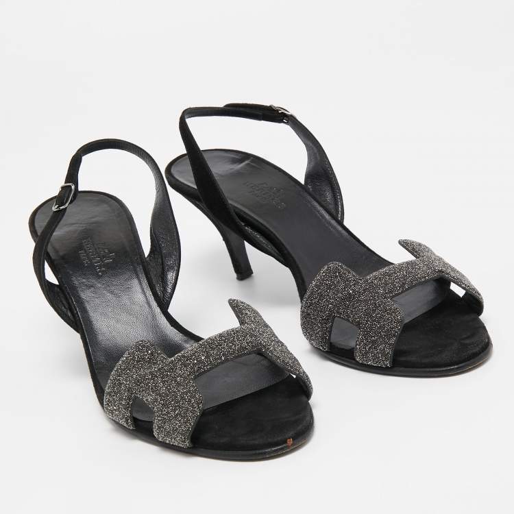 Pre Owned Hermes Black/Silver Glitter and Suede Night Sandals Size 38.5