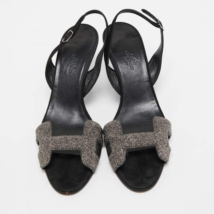 Pre Owned Hermes Black/Silver Glitter and Suede Night Sandals Size 38.5
