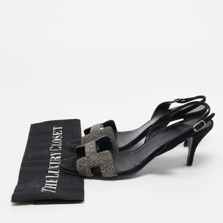 Pre Owned Hermes Black/Silver Glitter and Suede Night Sandals Size 38.5
