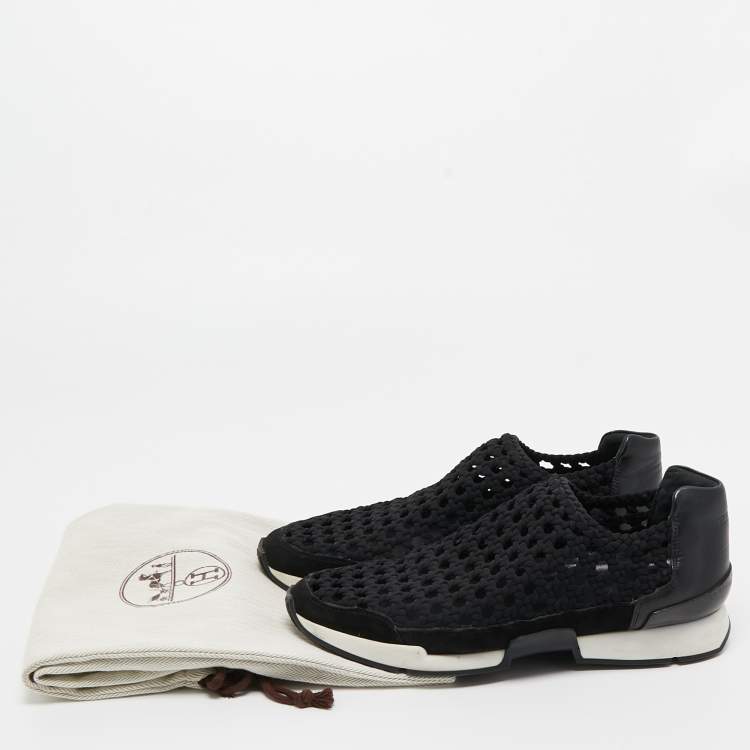 Pre Owned Hermes Black Leather and Fabric Oxygene Sneakers Size 37.5