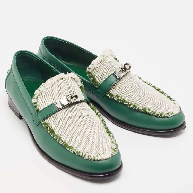 Pre Owned Hermes Green/Beige Leather and Canvas Destin Loafers Size 39
