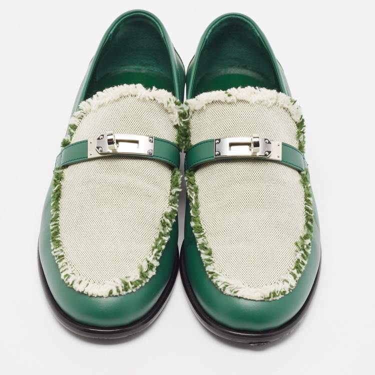 Pre Owned Hermes Green/Beige Leather and Canvas Destin Loafers Size 39