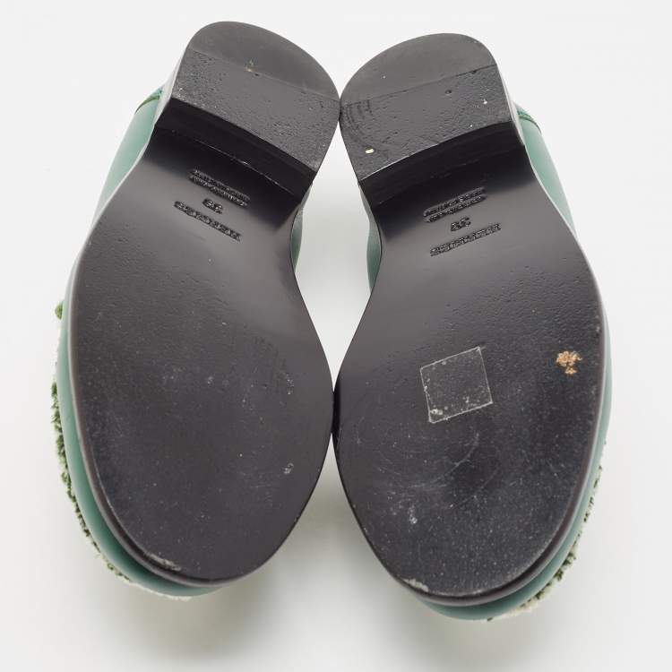 Pre Owned Hermes Green/Beige Leather and Canvas Destin Loafers Size 39