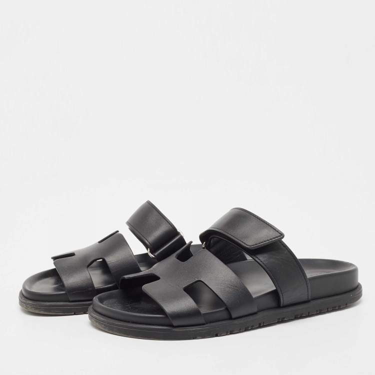 Pre Owned Hermes Black Leather Chypre Slide Flats Size 37