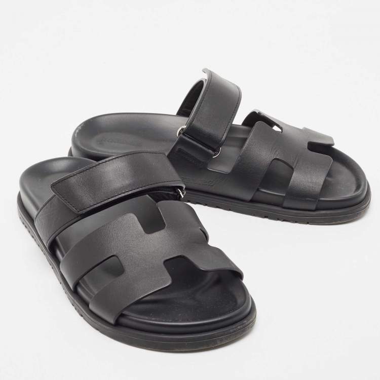 Pre Owned Hermes Black Leather Chypre Slide Flats Size 37