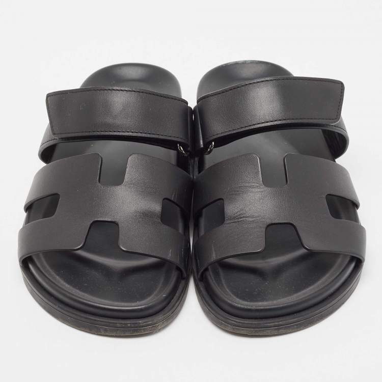 Pre Owned Hermes Black Leather Chypre Slide Flats Size 37