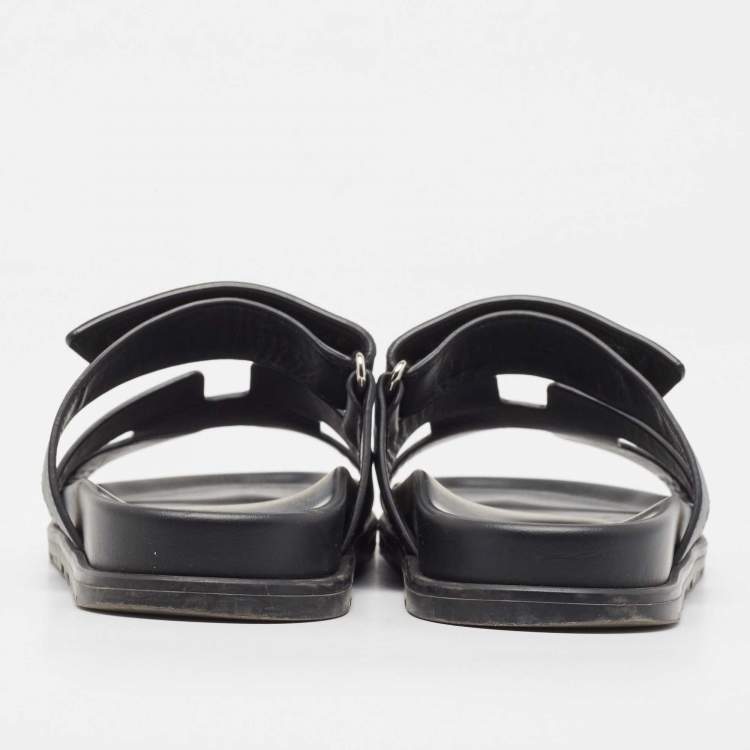 Pre Owned Hermes Black Leather Chypre Slide Flats Size 37