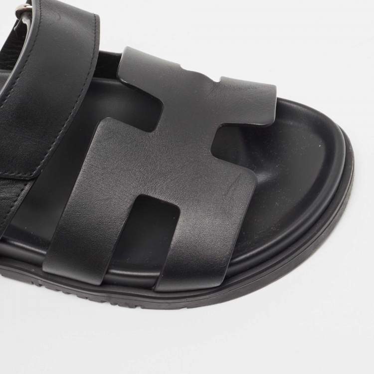 Pre Owned Hermes Black Leather Chypre Slide Flats Size 37