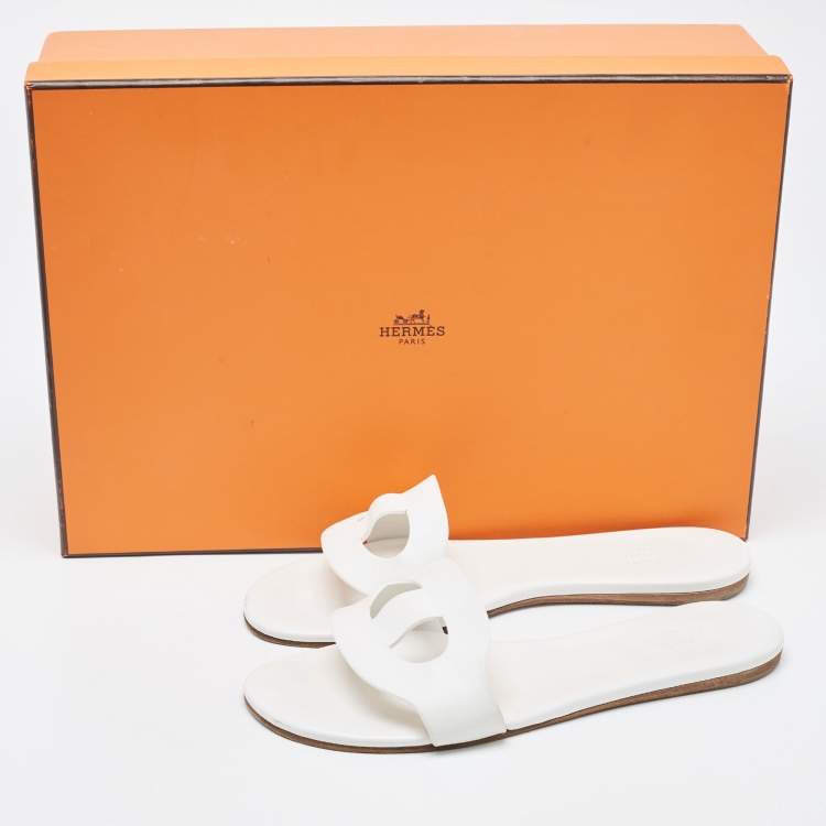 Pre Owned Hermes White Leather Lisboa Flat Slides Size 37