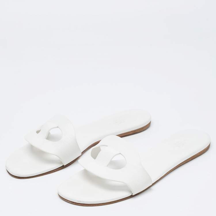 Pre Owned Hermes White Leather Lisboa Flat Slides Size 37