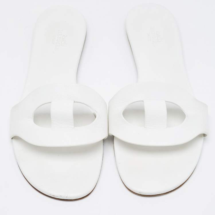 Pre Owned Hermes White Leather Lisboa Flat Slides Size 37